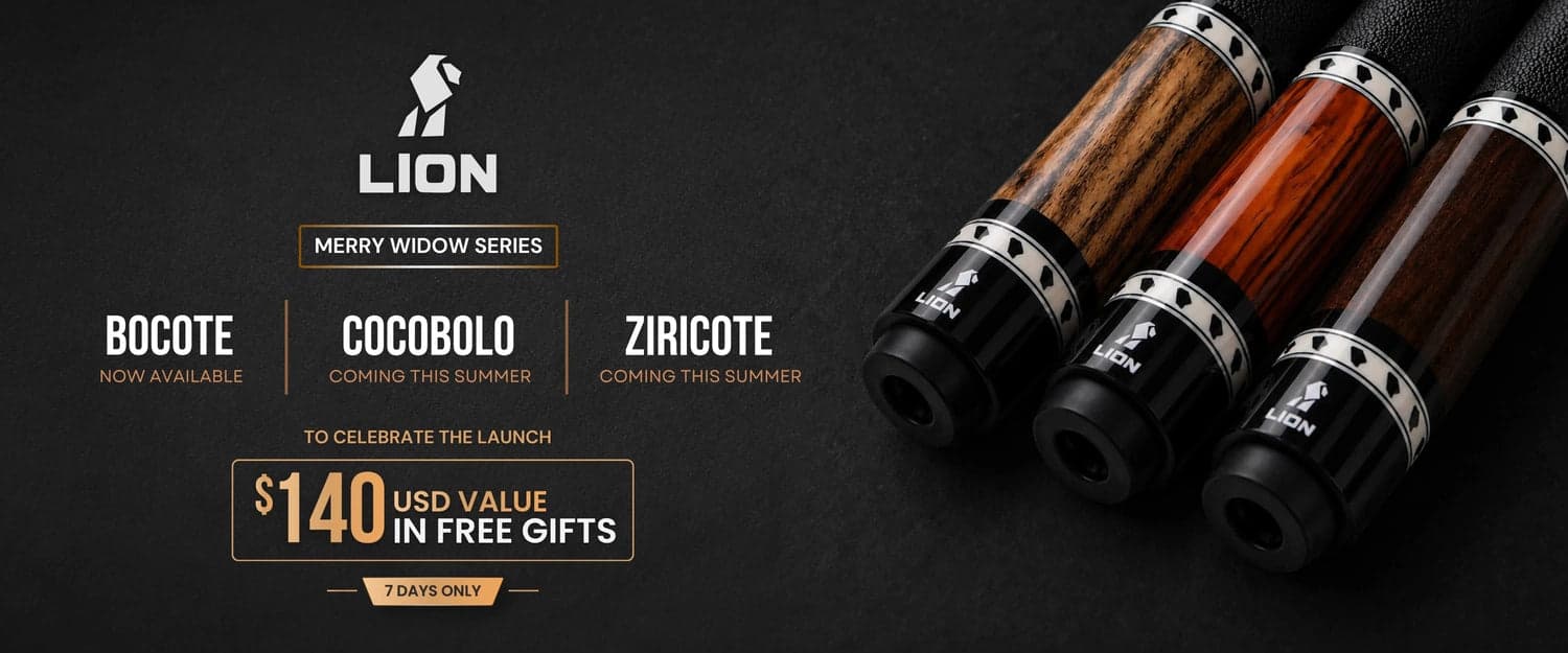 Pagulayan Cues Lion Merry Widow collection banner with premium wooden pool cues