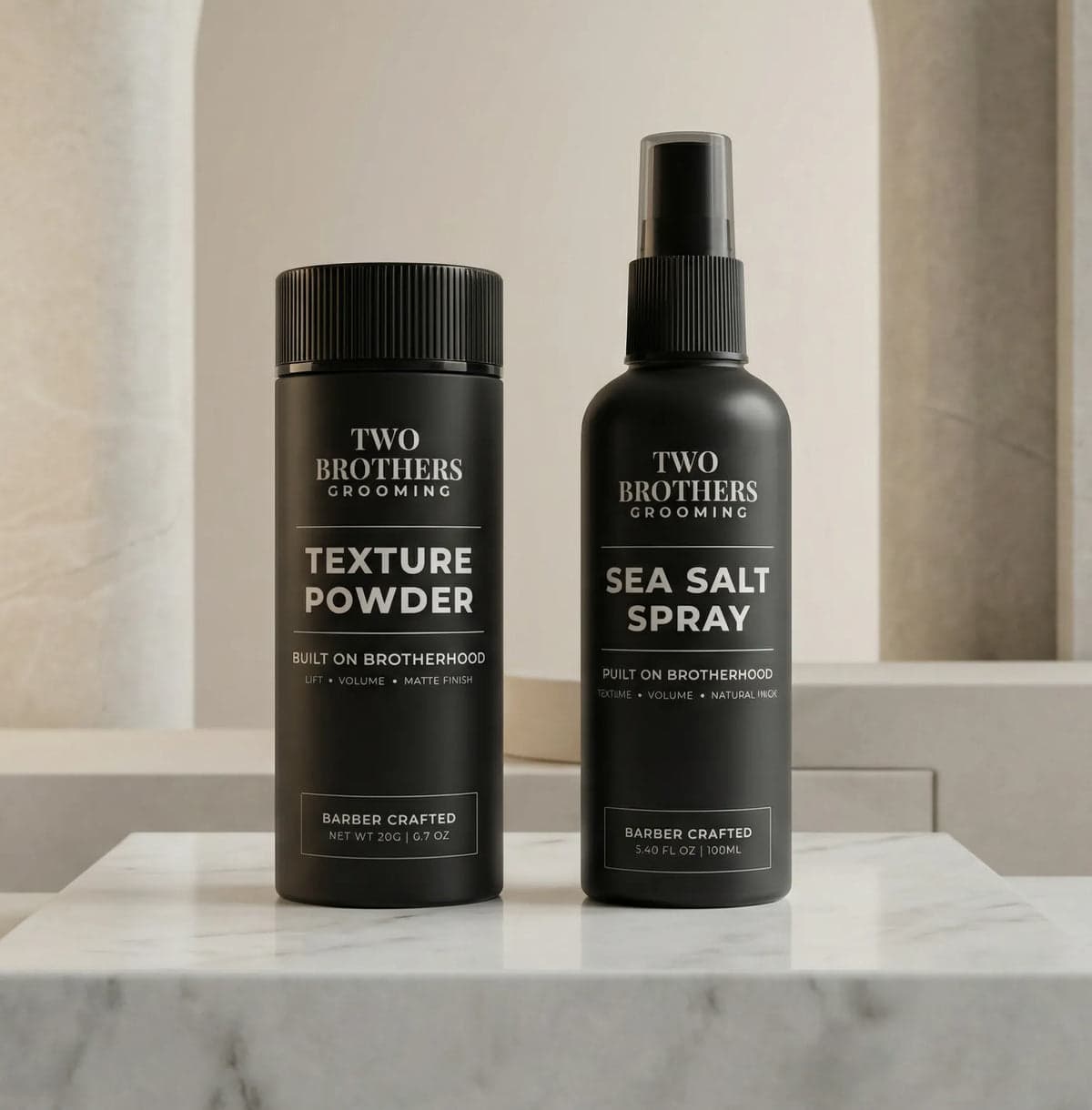 Two Brothers Grooming texture powder and sea salt spray in a premium product scene